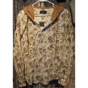 Floral long sleeves button down hooded shirt jacket size L 100% cotton nwt